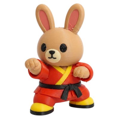 Martial Arts Bunny in Red Karate Gi with Black Belt Fighting Stance 3D Printed Collectible Figurine | Kung Fu Rabbit Decor - 3D Printed in Canada