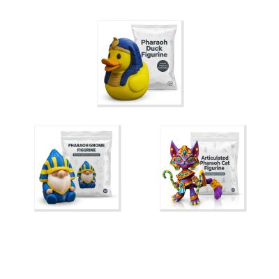Pharaoh Collection Collectible Figurine Bundle of 3 - Pharaoh Duck, Gnome, Cat - Unique & Quirky Adult Desk Decor - 3D Printed in Canada