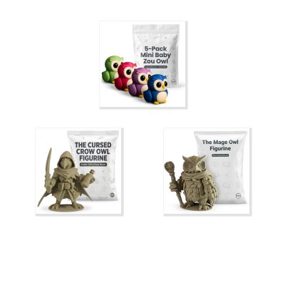 Owl Variety Collectible Figurine Bundle of 3-5-Pack Mini Baby Zou, The Cursed Crow, The Mage - Cute & Fantasy Adult Desk Decor - 3D Printed in Canada