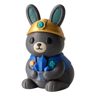 Rare Earth Minerals Bunny with Gold Crown Holding Blue Crystals 3D Printed Collectible Figurine | Gem Miner Rabbit Shelf Decor - 3D Printed in Canada