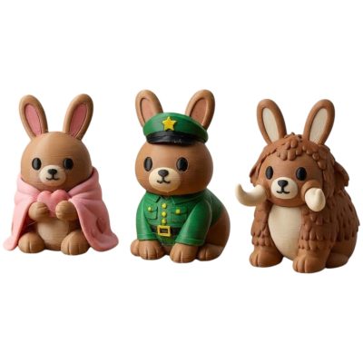 Bunny Variety Collectible Figurine Bundle of 3 - Cuddles Bunny, Lieutenant Mammoth - Whimsical & Unique Adult Desk Decor - 3D Printed in Canada