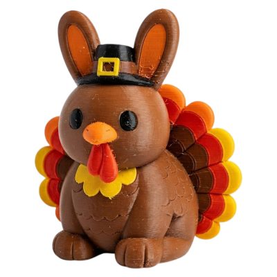 Thanksgiving Turkey Bunny with Pilgrim Hat and Colorful Tail Feathers 3D Printed Collectible Figurine | Fall Holiday Rabbit Decor - 3D Printed in Canada