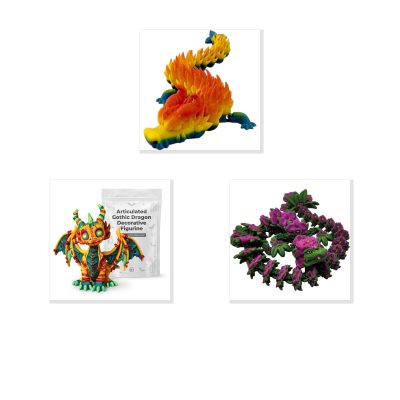 Dragon Variety Collectible Figurine Bundle of 3 - Blazing Flame Dragon, Stuffed Orchid - Fantasy & Mythical Adult Desk Decor - 3D Printed in Canada