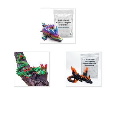 Dragon Variety 3-Pack Collectible Figurine Bundle of 3 - Crystal Dragon, Mistletoe CrystalWing - Fantasy & Unique Adult Desk Decor - 3D Printed in Canada