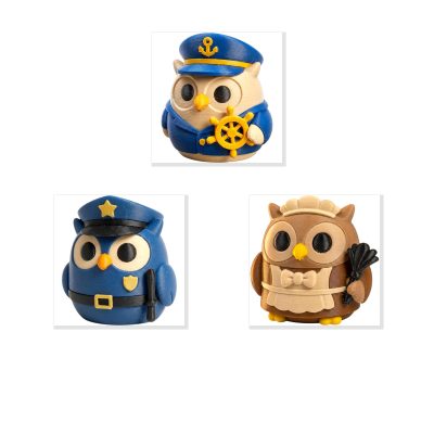 Owl Variety Collectible Figurine Bundle of 3 - Boat Captain Owl, Police Officer Victorian Maid - Nautical & Vintage Adult Desk Decor - 3D Printed in Canada