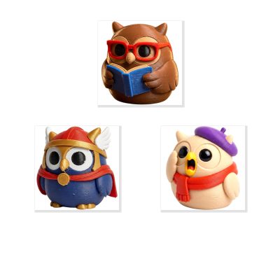 Owl Variety Collectible Figurine Bundle of 3 - Reading Owl, Viking Overdramatic - Whimsical & Artistic Adult Desk Decor - 3D Printed in Canada