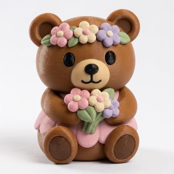 Flower Girl Chonky Teddy Bear Cub Collectible Figurine – Unique Desk Decor for Adults – 3D Printed in Canada