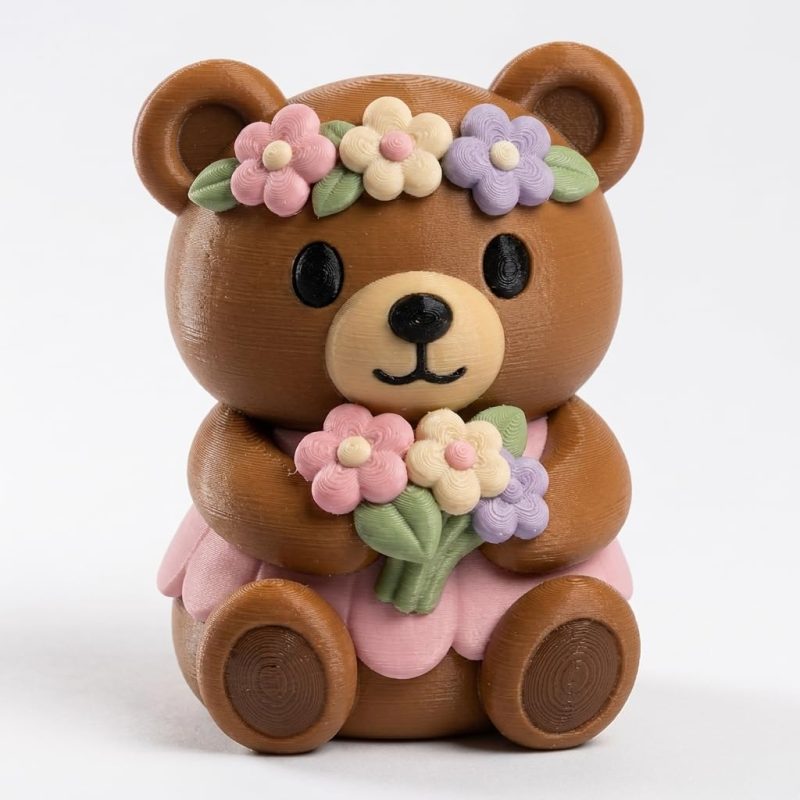 Flower Girl Chonky Teddy Bear Cub Collectible Figurine - Unique Desk Decor for Adults – 3D Printed in Canada