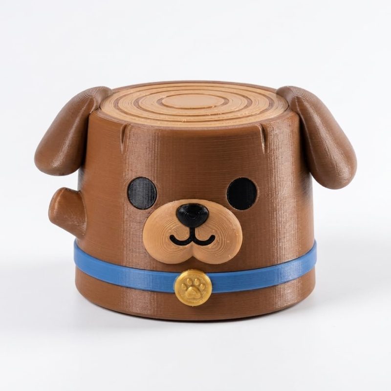 Happy Puppy Tree Stump Collectible Figurine - Unique Desk Decor for Adults – 3D Printed in Canada