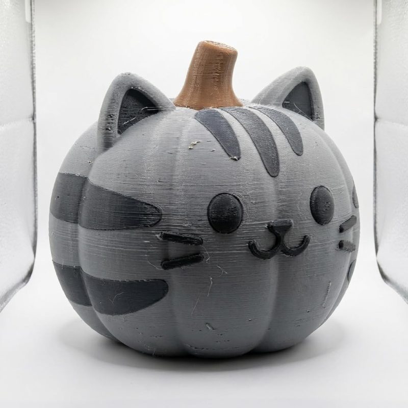 Grey Tabby Cat Pumpkin Collectible Figurine - Unique Desk Decor for Adults – 3D Printed in Canada