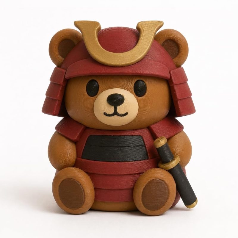 Samurai Teddy Bear Cub Collectible Figurine - Unique Desk Decor for Adults – 3D Printed in Canada