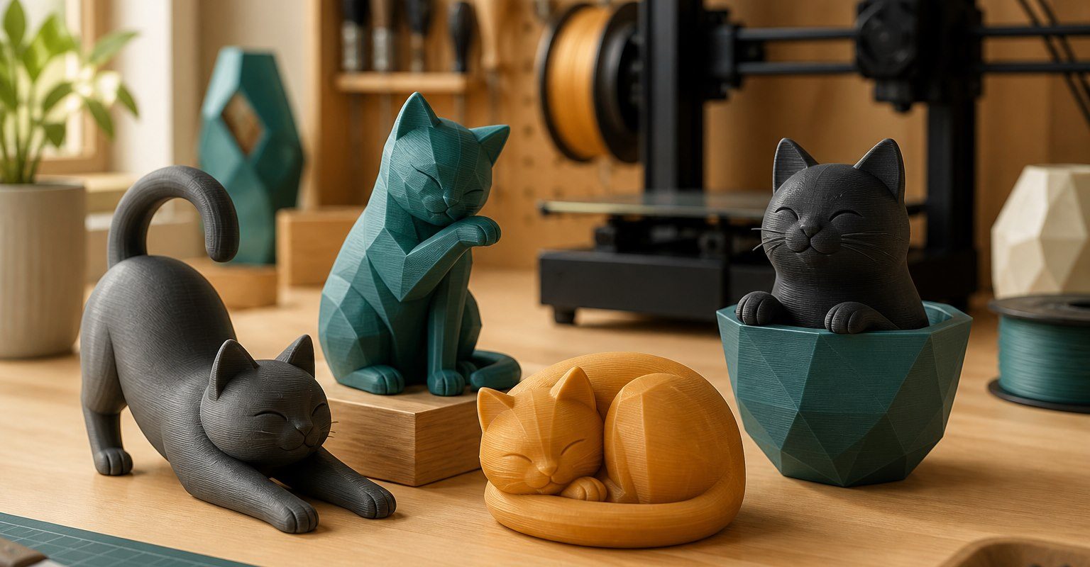 Figurines génériques sur le thème des chats dans un atelier d’impression 3D