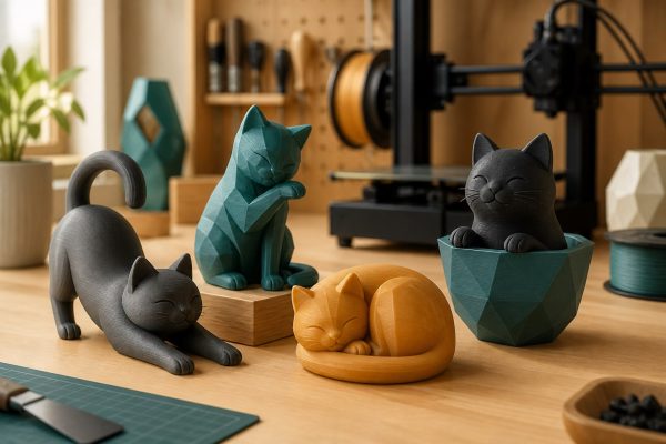 Figurines génériques sur le thème des chats dans un atelier d’impression 3D