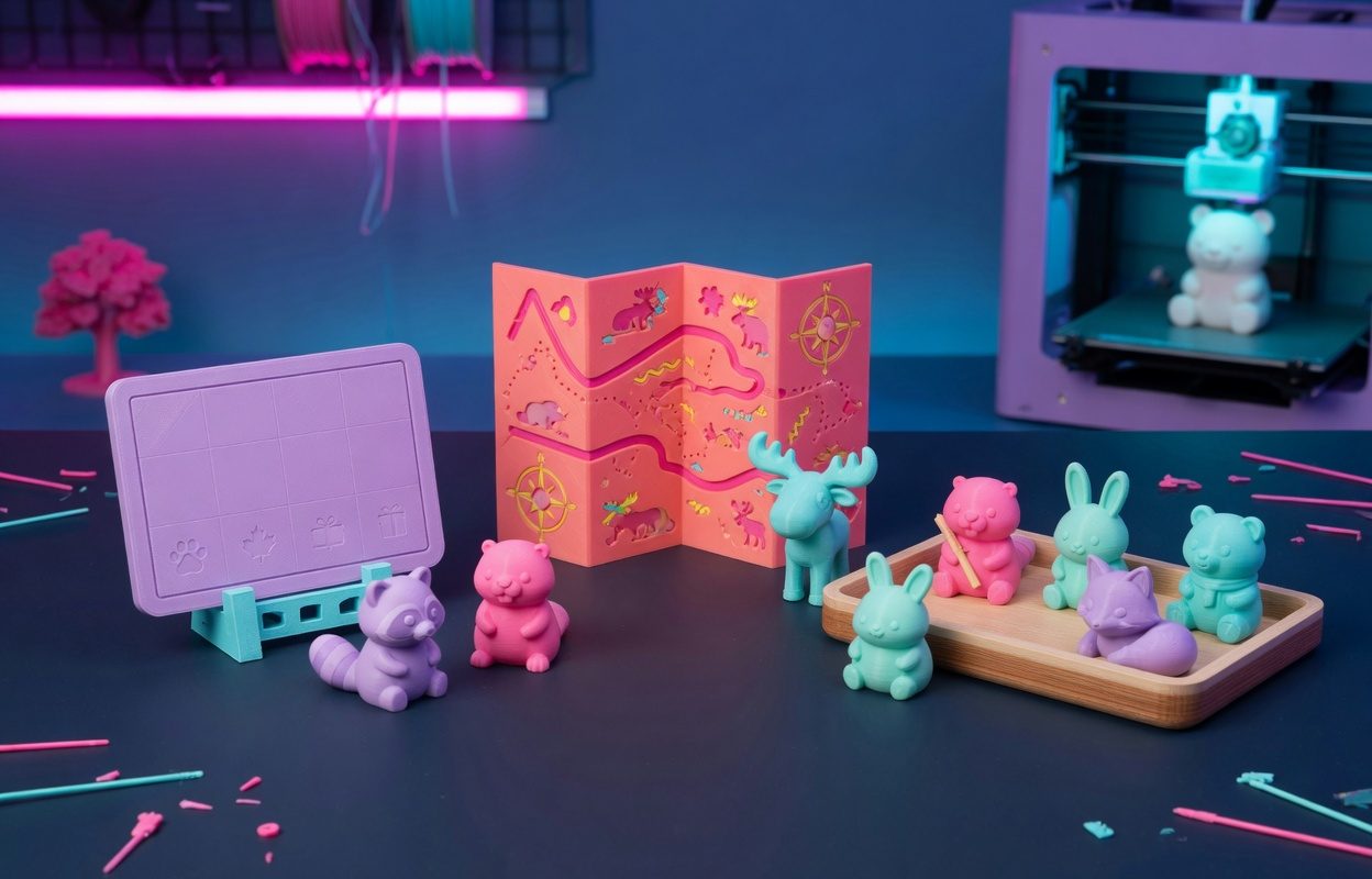 Kawaii 3D-printed figurines in synthwave neon on a Quebec maker bench