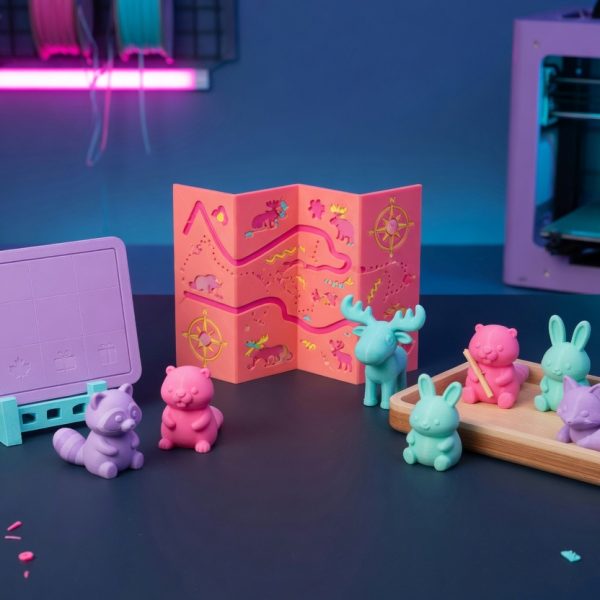 Figurines 3D kawaii en néon synthwave sur un établi au Québec