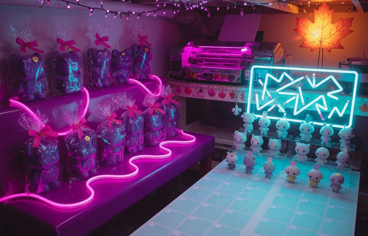 Kawaii 3D-printed figurines in synthwave neon, wrapped gifts on one side and a catalogue grid on the other