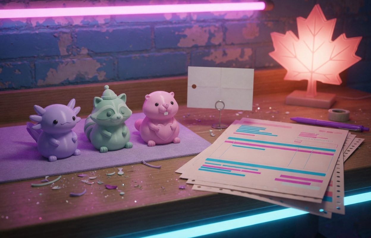 Kawaii 3D-printed figurines in synthwave neon beside a blank price card and unlabeled checkout bars