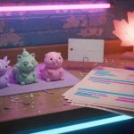 Kawaii 3D-printed figurines in synthwave neon beside a blank price card and unlabeled checkout bars