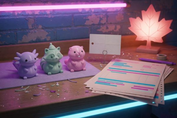 Kawaii 3D-printed figurines in synthwave neon beside a blank price card and unlabeled checkout bars