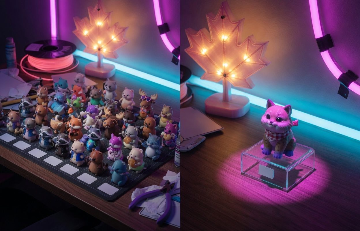 Figurines 3D kawaii en néon synthwave, grille de parcours à côté d’une figurine seule sur un présentoir