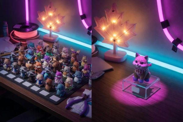 Figurines 3D kawaii en néon synthwave, grille de parcours à côté d’une figurine seule sur un présentoir