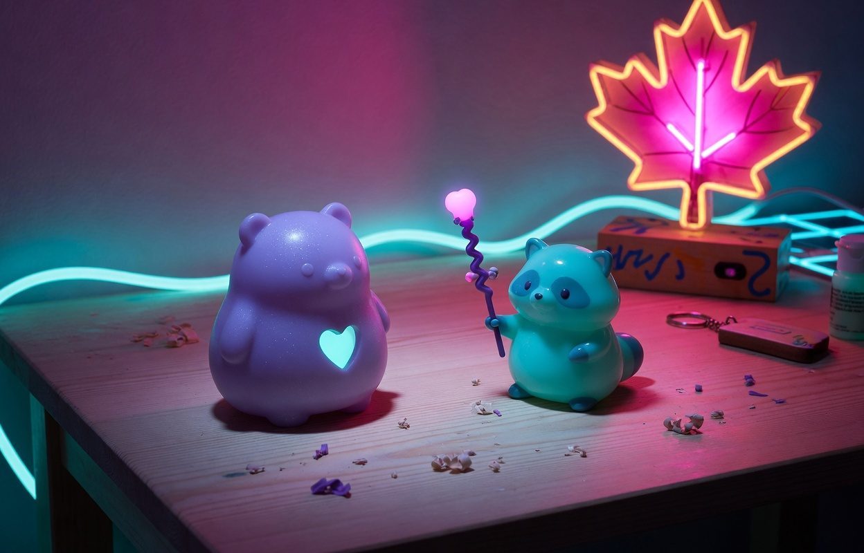 Deux figurines 3D kawaii en néon synthwave sur un bureau québécois, chacune avec un indice de silhouette différent