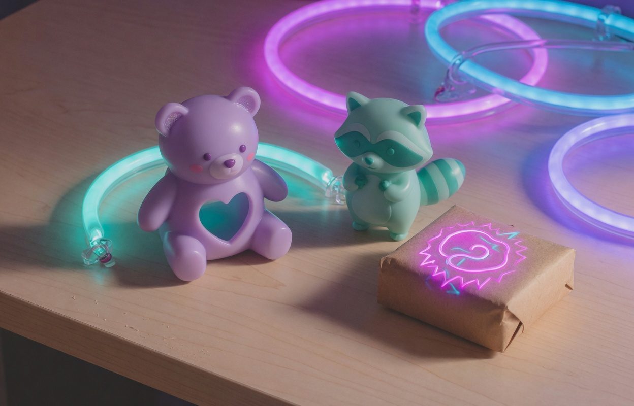 Deux figurines 3D kawaii en néon synthwave à côté d’un colis scellé au sceau de droits prépayés abstrait