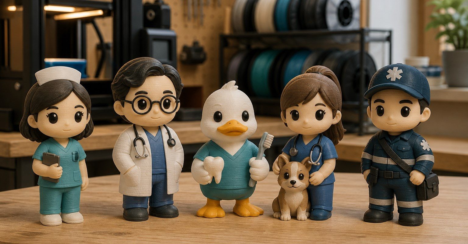 Editorial illustration of five healthcare- and veterinary-themed collectible figures and a dog beside the veterinarian on a 3D-print-farm workbench.