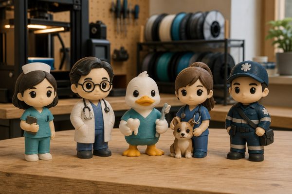 Editorial illustration of five healthcare- and veterinary-themed collectible figures and a dog beside the veterinarian on a 3D-print-farm workbench.